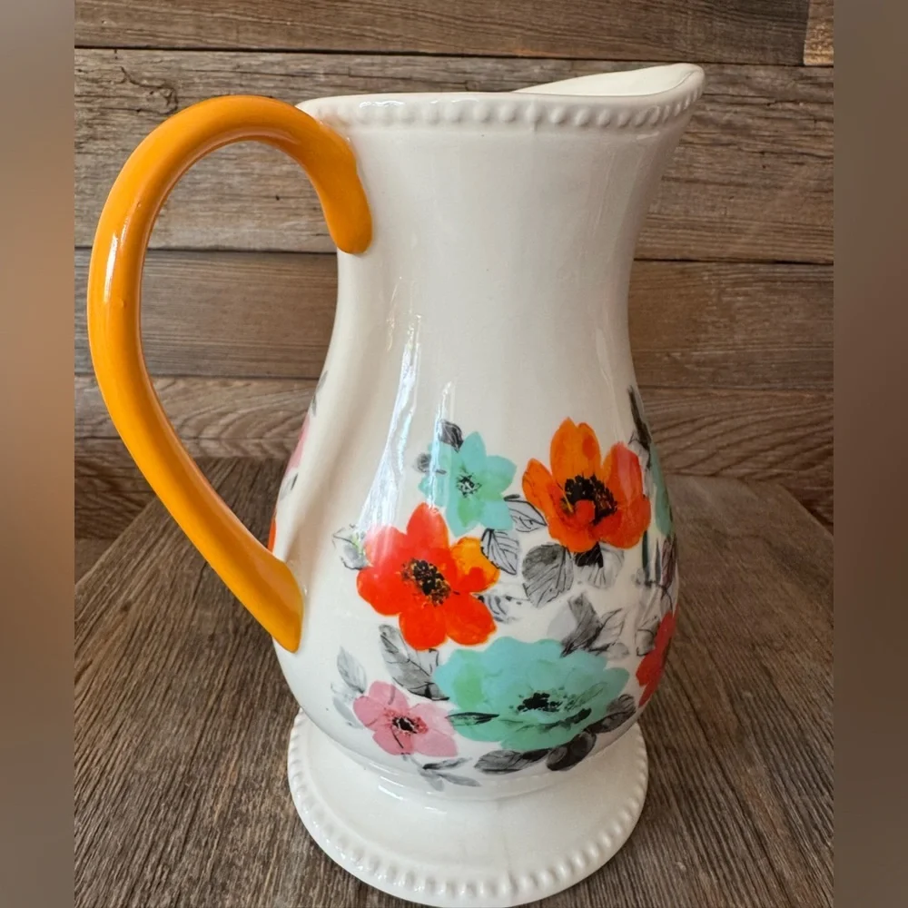 Floral Ceramic Pitcher with Orange Handle - White & Multicolor